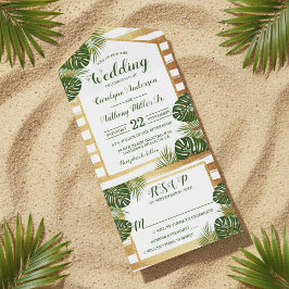 Gold Foil en Green Palm Leaf Beach Weddenschap All In One Uitnodiging