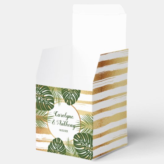 Gold Foil en Green Palm Leaf Beach Weddenschap Bedankdoosjes (Geopend)