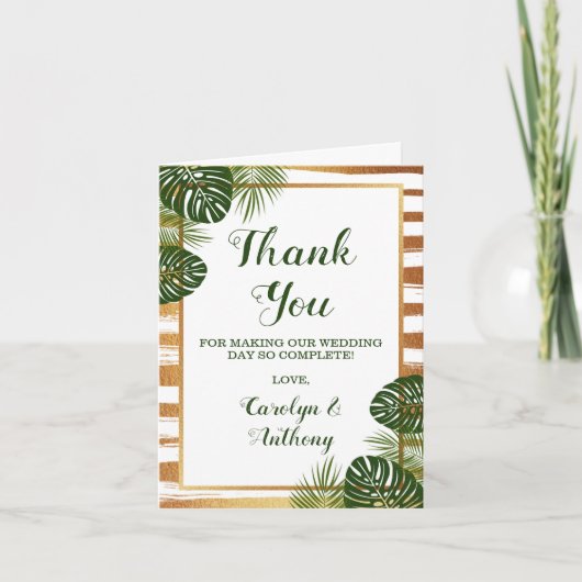 Gold Foil en Green Palm Leaf Beach Weddenschap Bedankkaart (Voorkant)