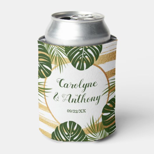 Gold Foil en Green Palm Leaf Beach Weddenschap Blikjeskoeler (Blikje Voorkant)