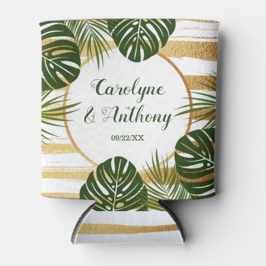 Gold Foil en Green Palm Leaf Beach Weddenschap Blikjeskoeler (Voorkant)