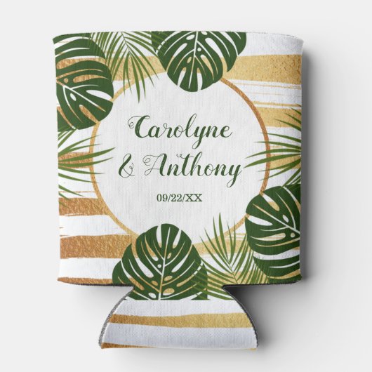 Gold Foil en Green Palm Leaf Beach Weddenschap Blikjeskoeler (Achterkant)