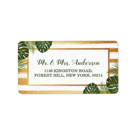 Gold Foil en Green Palm Leaf Beach Weddenschap Etiket