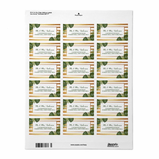 Gold Foil en Green Palm Leaf Beach Weddenschap Etiket (Full Sheet)