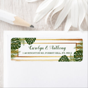 Gold Foil en Green Palm Leaf Beach Weddenschap Etiket