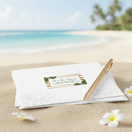 Gold Foil en Green Palm Leaf Beach Weddenschap Etiket