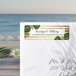 Gold Foil en Green Palm Leaf Beach Weddenschap Etiket