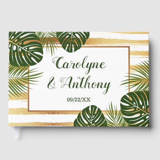 Gold Foil en Green Palm Leaf Beach Weddenschap Gastenboek (Voorkant)