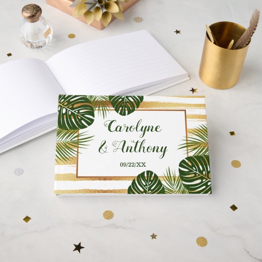 Gold Foil en Green Palm Leaf Beach Weddenschap Gastenboek (Voorkant open)