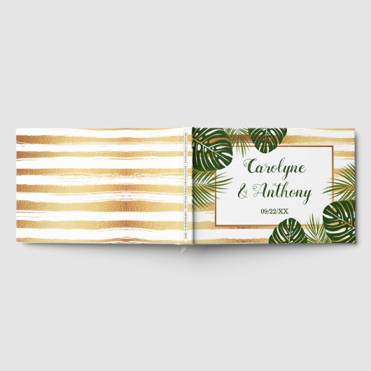 Gold Foil en Green Palm Leaf Beach Weddenschap Gastenboek (Volledig)