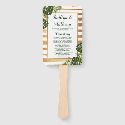Gold Foil en Green Palm Leaf Beach Weddenschap Handwaaier (Voorkant)