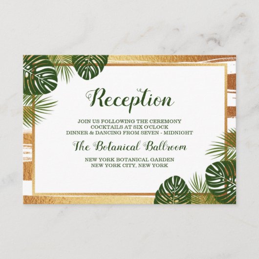 Gold Foil en Green Palm Leaf Beach Weddenschap Informatiekaartje (Voorkant)