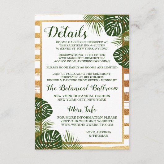 Gold Foil en Green Palm Leaf Beach Weddenschap Informatiekaartje (Voorkant)
