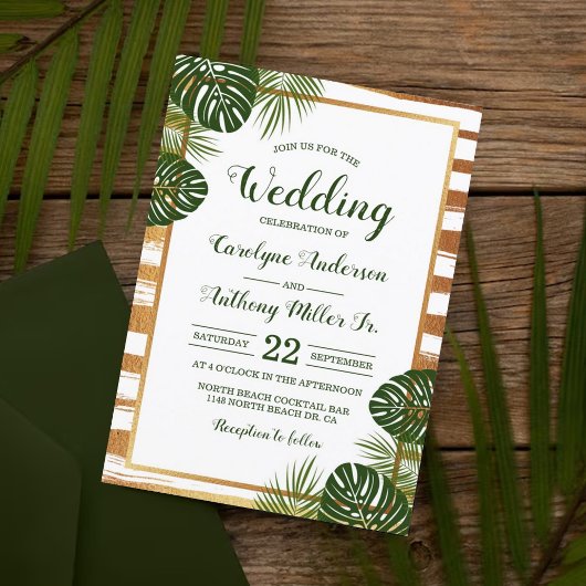 Gold Foil en Green Palm Leaf Beach Weddenschap Kaart