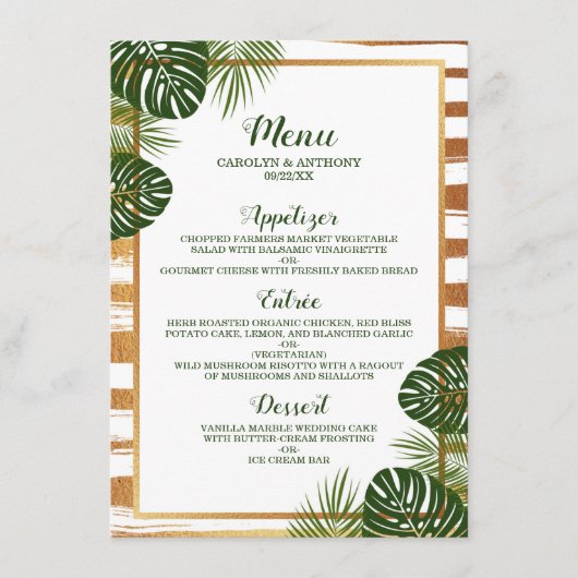 Gold Foil en Green Palm Leaf Beach Weddenschap Menu (Voorkant)