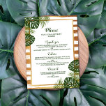 Gold Foil en Green Palm Leaf Beach Weddenschap Menu<br><div class="desc">Vier in stijl met deze stijlvolle en zeer trendy trouwmenukaarten. Het ontwerp heeft een chique gestreepte witte en gouden folie effect achtergrond met tropische palmbladeren en bijpassende bewoordingen in een diepe schaduw van groen... prachtig en gewoon perfect voor elk stel dat een bestemmings- of strandthema bruiloft plant. Dit ontwerp is...</div>