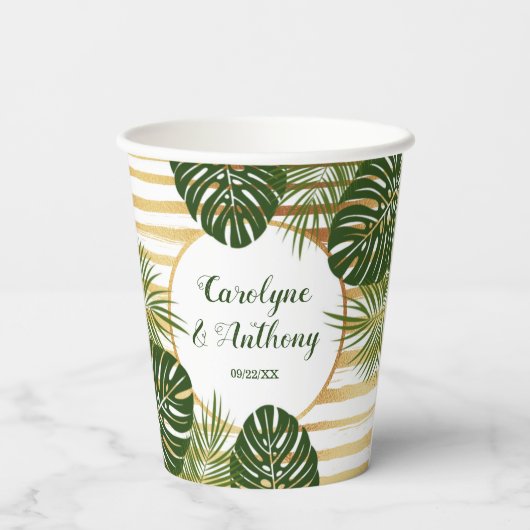 Gold Foil en Green Palm Leaf Beach Weddenschap Papieren Bekers (Achterkant)