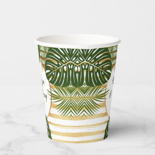 Gold Foil en Green Palm Leaf Beach Weddenschap Papieren Bekers (Rechts)