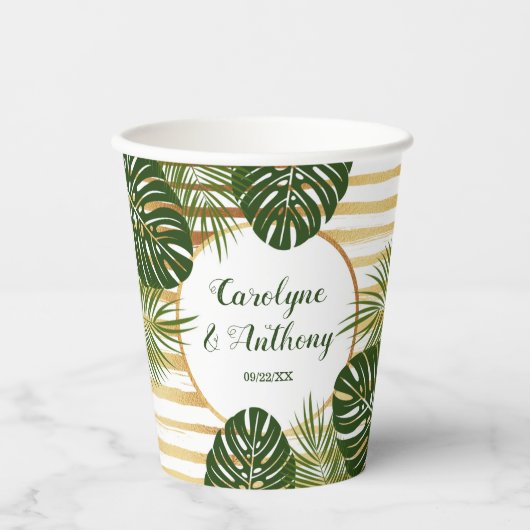Gold Foil en Green Palm Leaf Beach Weddenschap Papieren Bekers (Voorkant)
