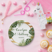 Gold Foil en Green Palm Leaf Beach Weddenschap Papieren Bordje (Feest)