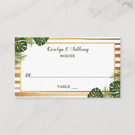 Gold Foil en Green Palm Leaf Beach Weddenschap Plaatskaartje (Voorkant)