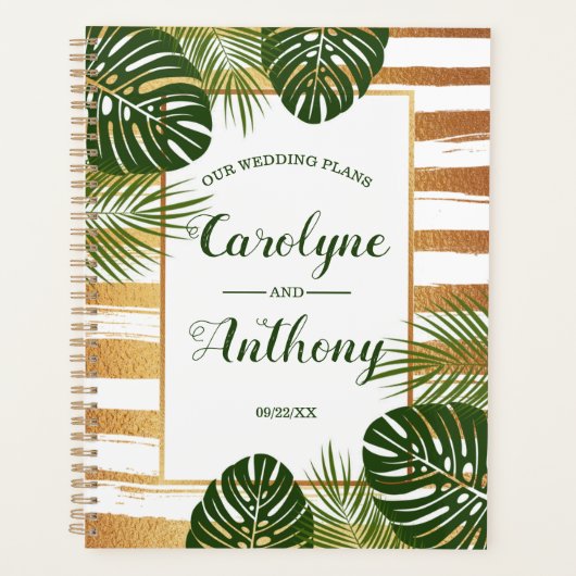 Gold Foil en Green Palm Leaf Beach Weddenschap Planner (Voorkant)