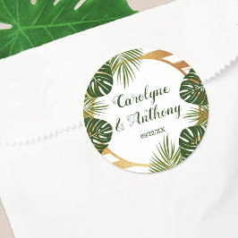 Gold Foil en Green Palm Leaf Beach Weddenschap Ronde Sticker