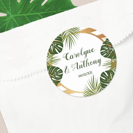 Gold Foil en Green Palm Leaf Beach Weddenschap Ronde Sticker