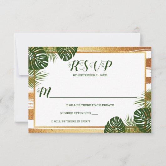 Gold Foil en Green Palm Leaf Beach Weddenschap RSVP Kaartje (Voorkant)