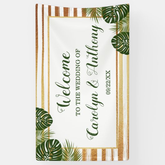 Gold Foil en Green Palm Leaf Beach Weddenschap Spandoek (Verticaal)