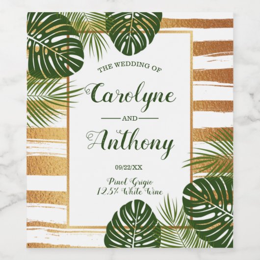 Gold Foil en Green Palm Leaf Beach Weddenschap Wijn Etiket (Enkel label)