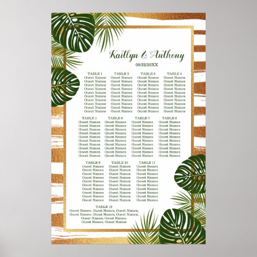 Gold Foil en Green Palm Leaf Beach Wedding Seating Poster (Voorkant)