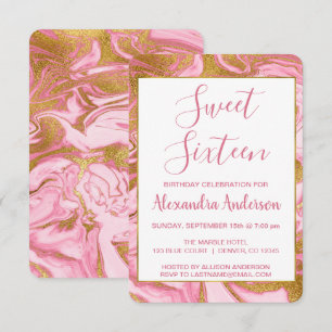 Gold Foil en Hot Pink Marble Sweet 16 Birthday Kaart