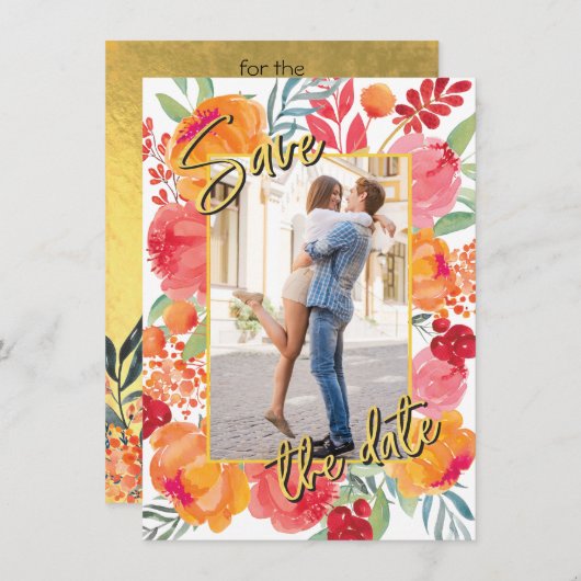 Gold Foil en Waterverf Flowers Sla de datumkaarten Save The Date (Voorkant / Achterkant)