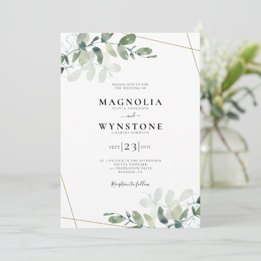 Gold Foil Eucalyptus Botanical Weduwen Invitation Kaart (Staand voorkant)