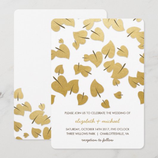 Gold Foil Falling Leaves Weduwen Uitnodiging (Voorkant / Achterkant)