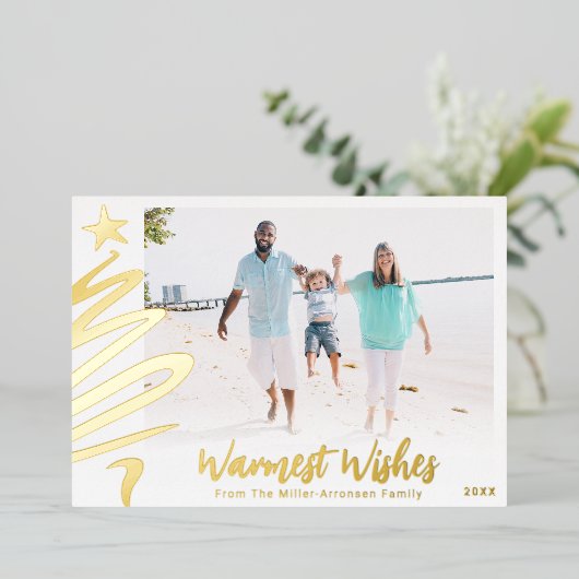 Gold Foil Family Beach - kerstboomfotokaart Folie Feestdagenkaart (Staand Voorkant)