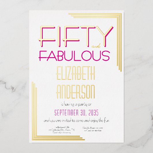 Gold Foil Fifty and Fabulous 50th Birthday Party Folie Uitnodiging (Voorkant)