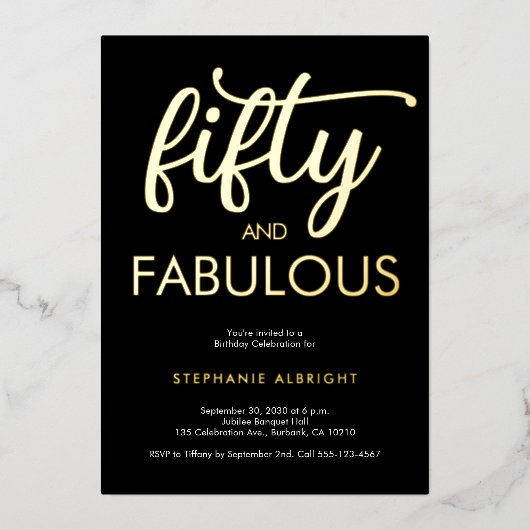 Gold Foil Fifty and Fabulous 50th Birthday Party Folie Uitnodiging (Voorkant)