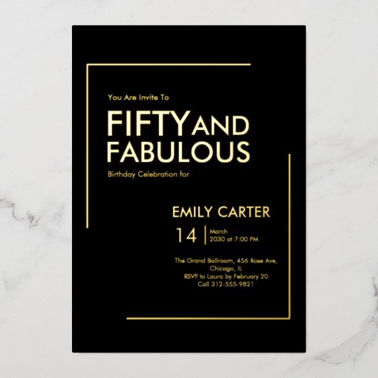 Gold Foil Fifty and Fabulous 50th Birthday Party Folie Uitnodiging (Voorkant)