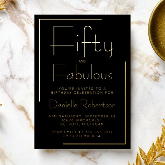 Gold Foil Fifty and Fabulous 50th Birthday Party Folie Uitnodiging