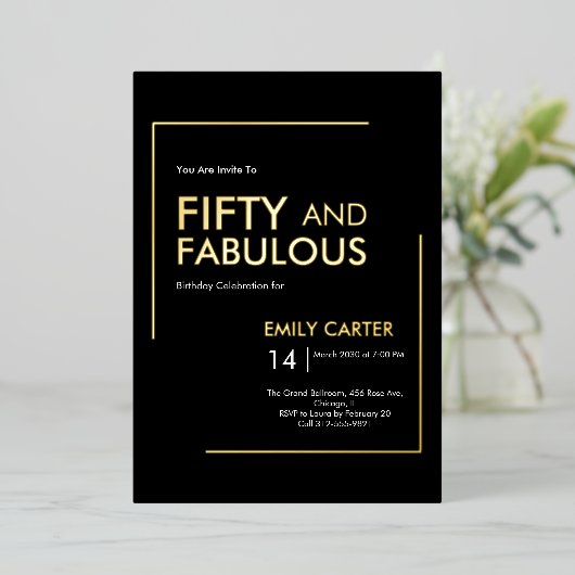 Gold Foil Fifty and Fabulous 50th Birthday Party Folie Uitnodiging (Staand Voorkant)