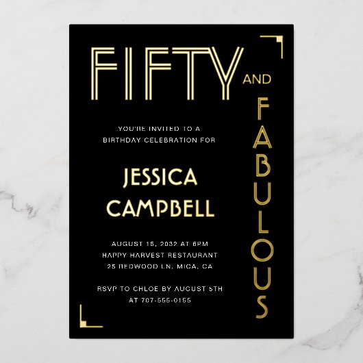 Gold Foil Fifty and Fabulous 50th Birthday Party Folie Uitnodiging (Voorkant)