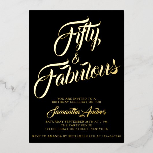 Gold Foil Fifty and Fabulous Script 50th Birthday  Folie Uitnodiging (Voorkant)