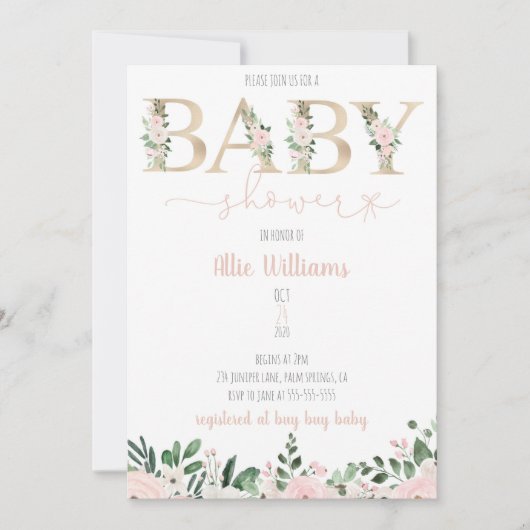 Gold Foil Floral Baby Girl Baby shower Invitation (Voorkant)