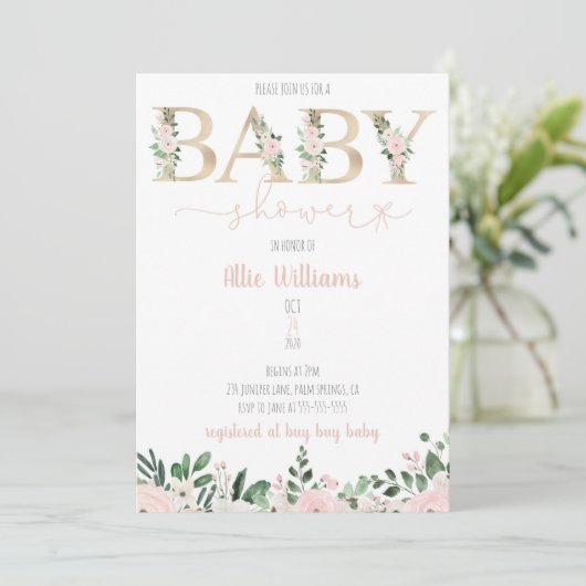 Gold Foil Floral Baby Girl Baby shower Invitation (Staand voorkant)