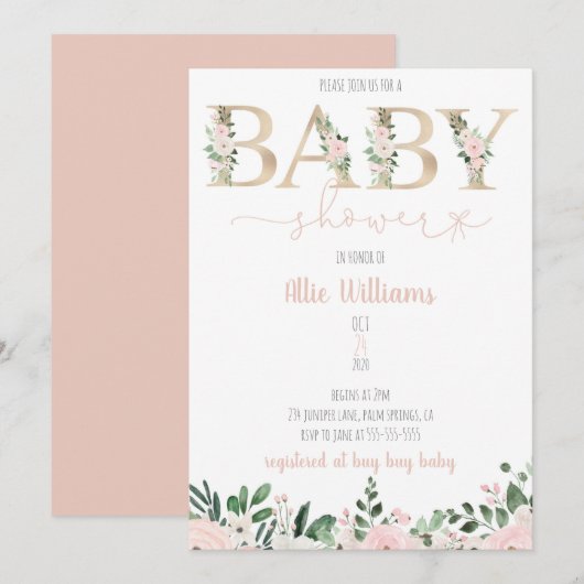 Gold Foil Floral Baby Girl Baby shower Invitation (Voorkant / Achterkant)