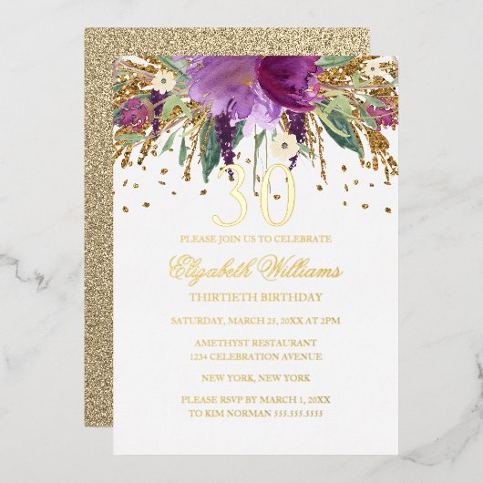 GOLD FOIL Floral Glitter Amethyst 30e verjaardag v Folie Uitnodiging (Voorkant / Achterkant)