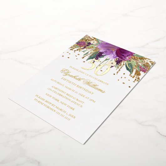 GOLD FOIL Floral Glitter Amethyst 50e verjaardag v Folie Uitnodiging (Gedraaid)