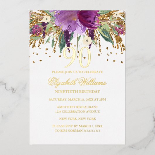 GOLD FOIL Floral Glitter Amethyst 90th Birthday Folie Uitnodiging (Voorkant)